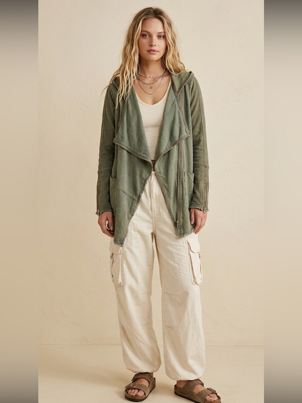 Free People Hooded Snap Draped Cardigan Jacket Size M Linen French Terry Mix - Picture 8 of 15